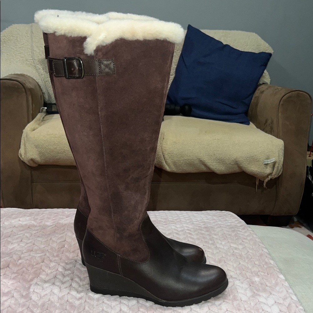 UGG Dark Brown Wedge Boots with Cream Trim